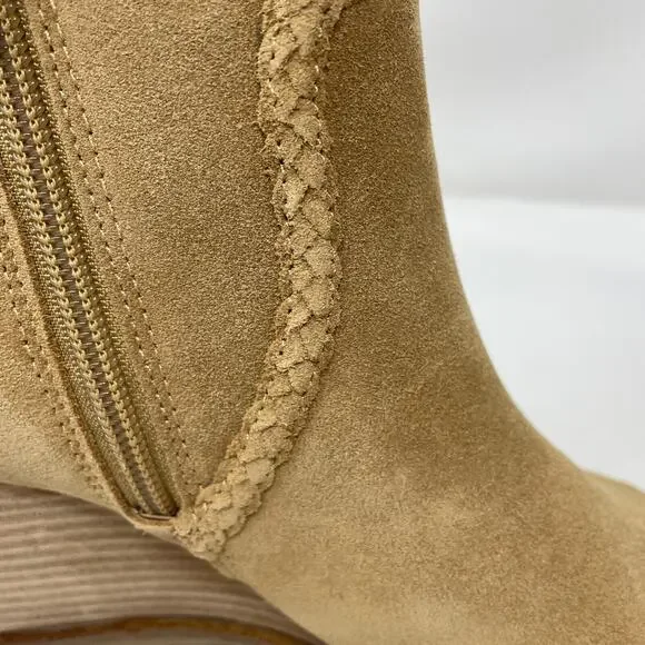 Lucky Brand Lureli Wedge Booties 9 Suede Open Toe Stacked Heel Leather Tan - Picture 8 of 8